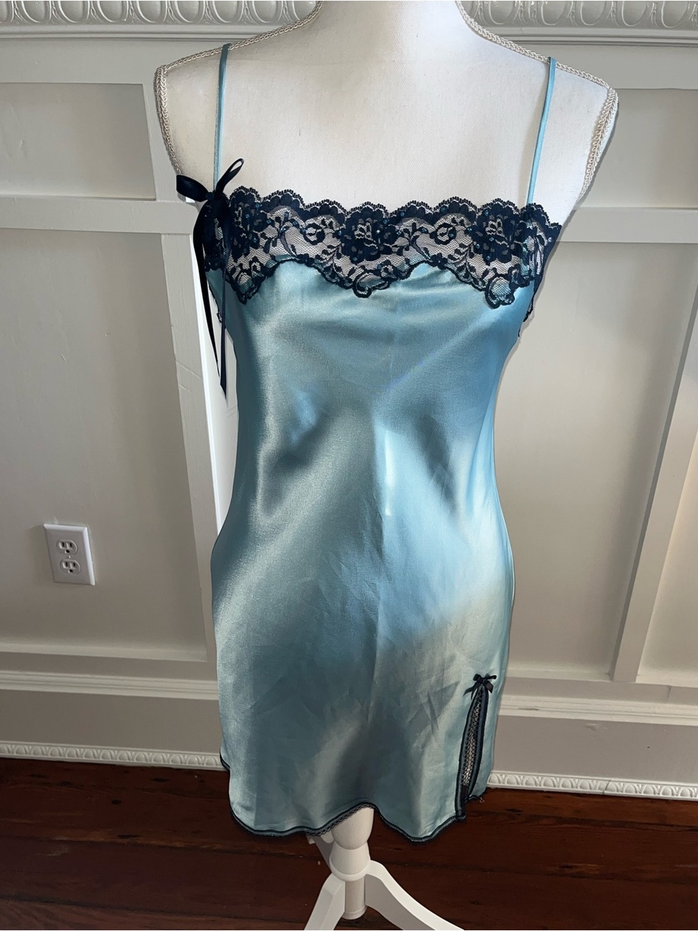 Victoria's Secret Silk Satin Slip Dress in Light Blue with Navy Lace
